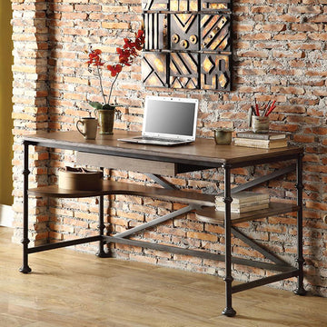 Industrial Wood Computer Desk Black Pipe Loft Writing Desk with Shelf